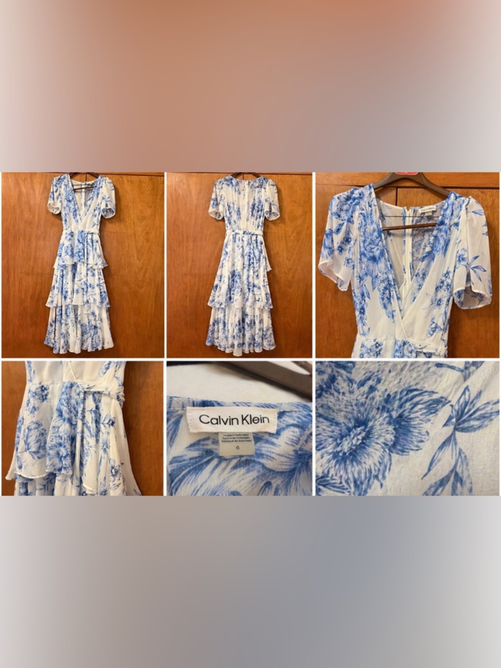 Calvin Klein White Midi Dress with Blue Floral Print and Tiered Ruffles